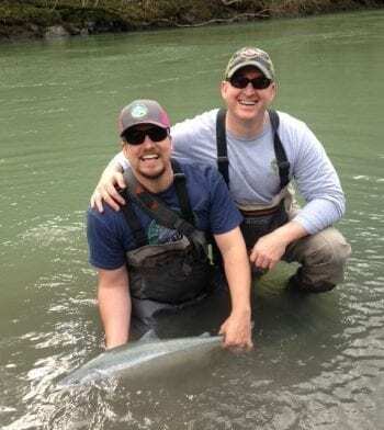 Justin Wallace, from Eureka, and Cade Webb, from McKinleyville, caught and released a chrome bright steelhead on the Mad River during Humboldt Steelhead Days last winter. Green Diamond generously allowed drift boat access on private land just for Humboldt Steelhead anglers. Photo courtesy of Don Banducci