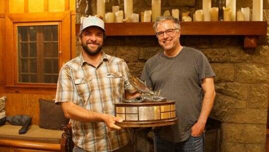 Winning team of Alec Gerbec and Steve McCanne with Five Rivers trophy