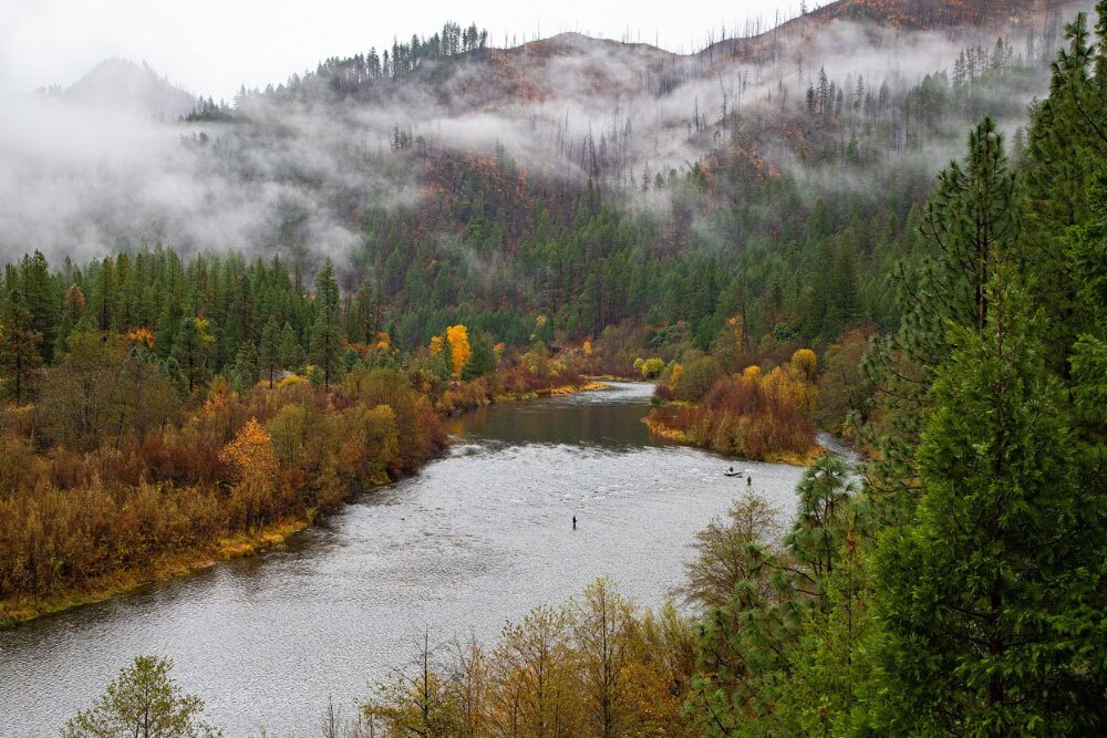 Fog hangs low over the Klamath River.